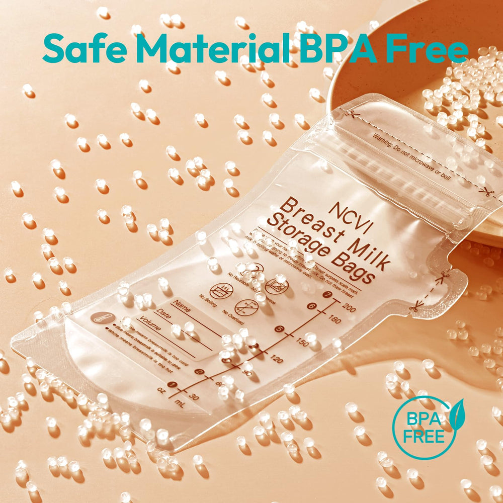 NCVI breastmilk storage bags write-on area captures dates and names for organized milk tracking.