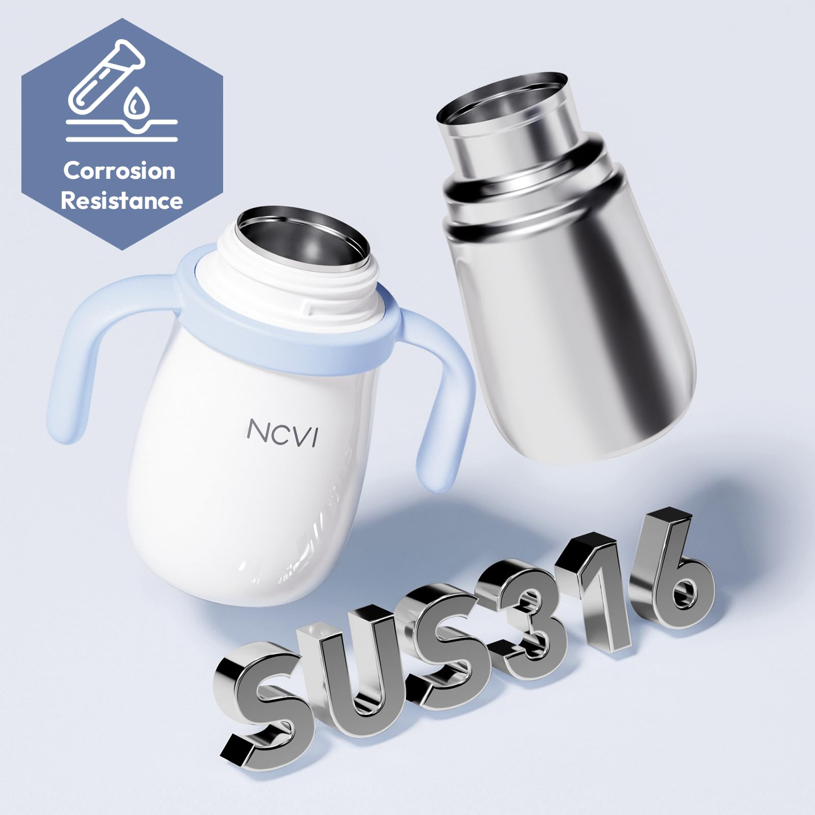 NCVI insulated bottle keeps drinks cold or warm for all-day hydration in blue.