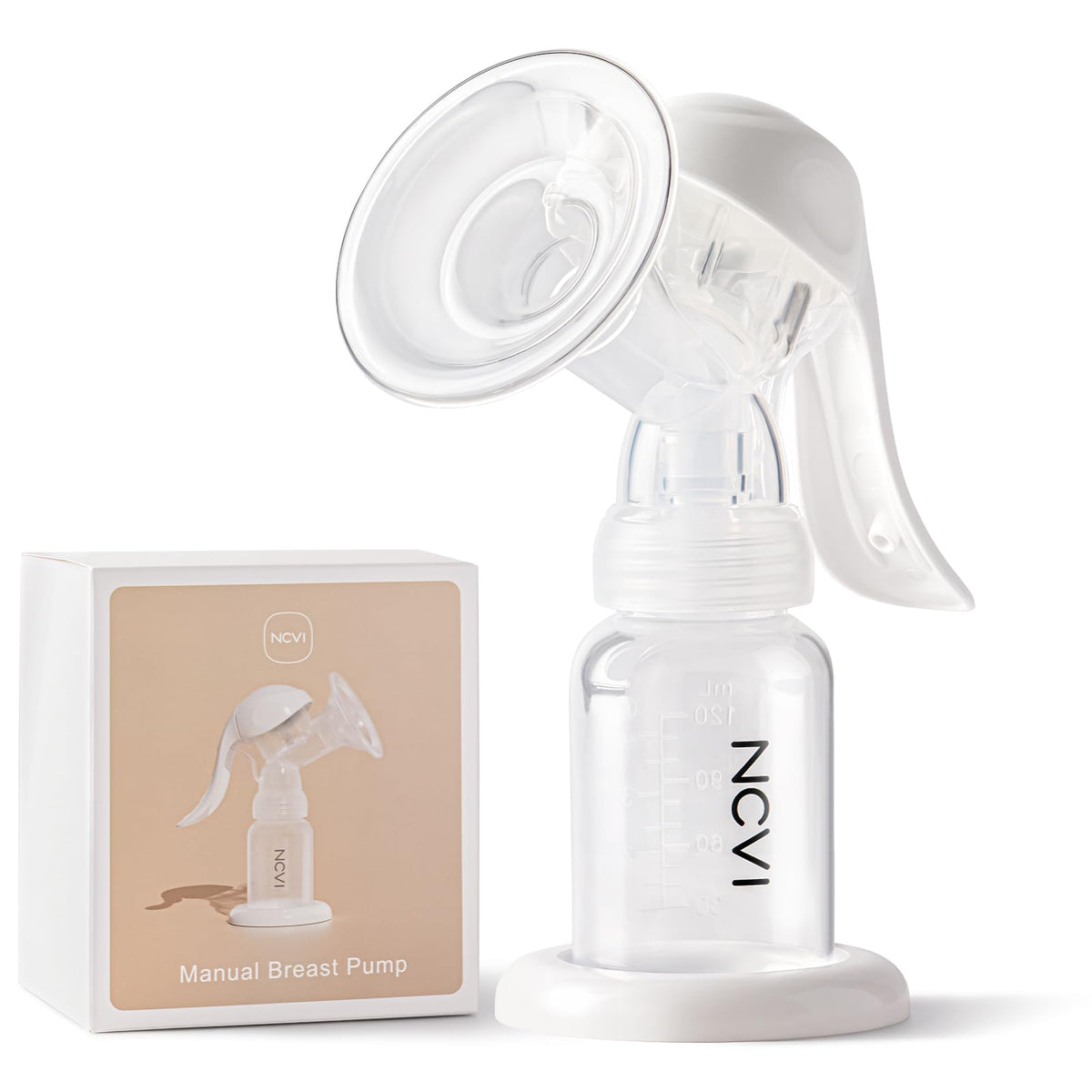 NCVI manual breast pump with 20mm flange close-up for comfortable nipple fit.