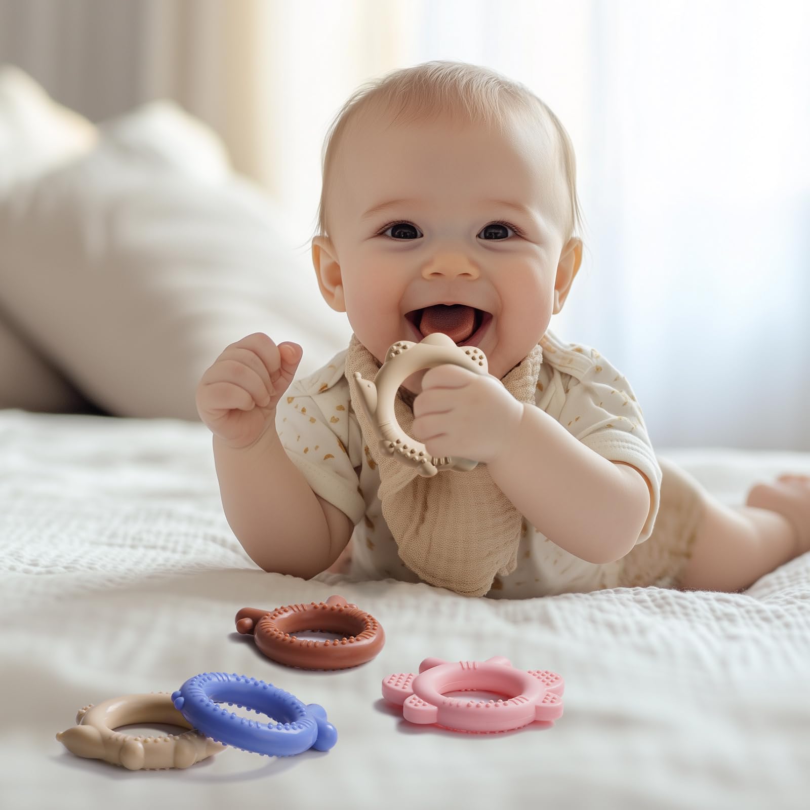 NCVI hedgehog teether bright colors promote grabbing and oral development.