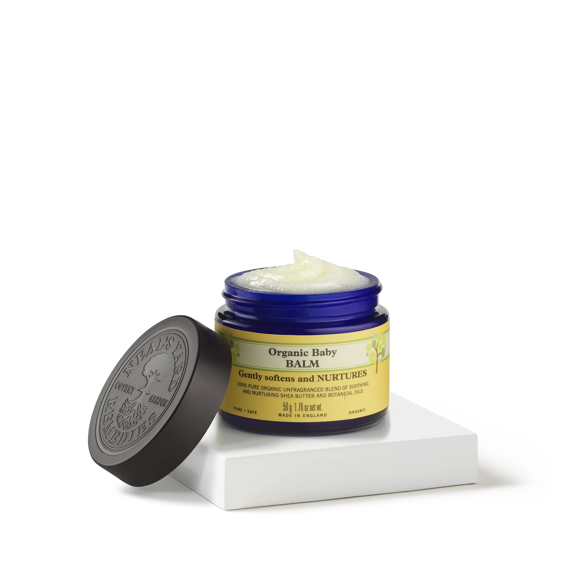 Neal's Yard Remedies Baby Balm fragrance-free label highlights gentle care for sensitive baby skin