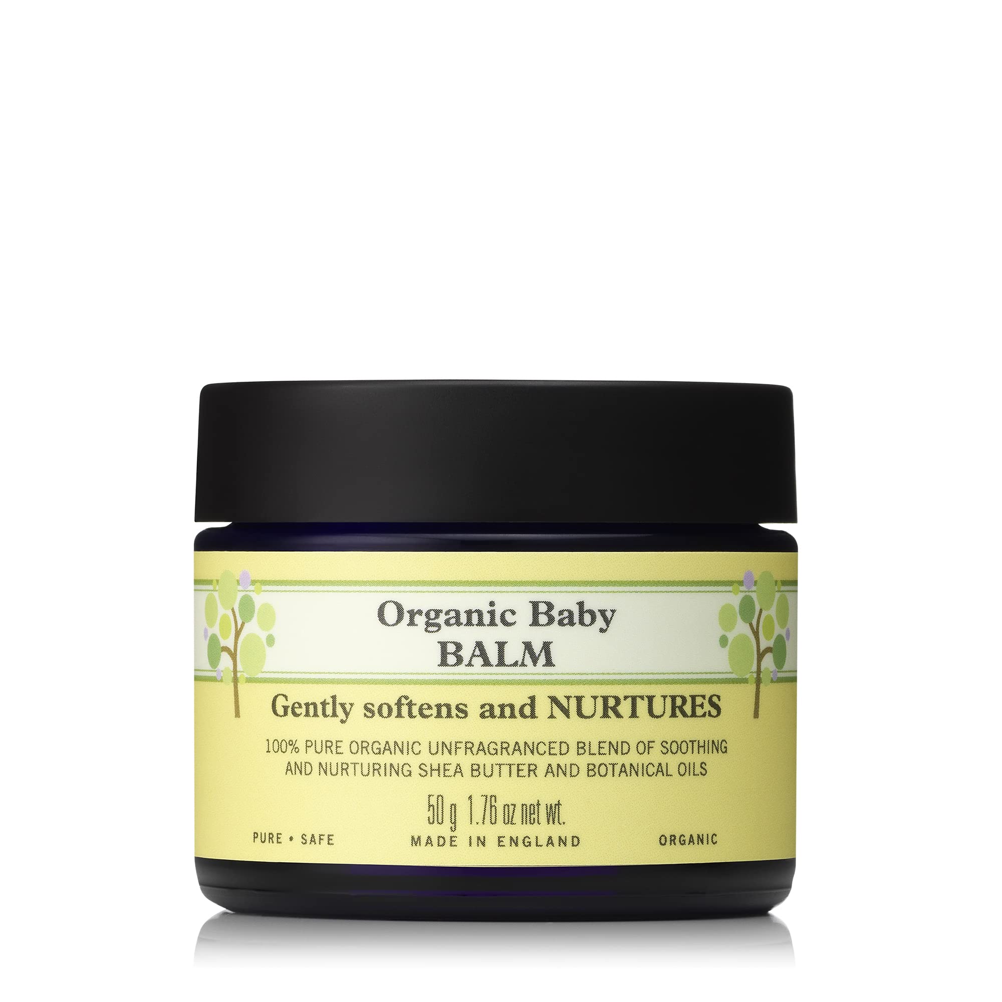 Neal's Yard Remedies Baby Balm packaging close-up highlighting fragrance-free formula for sensitive skin