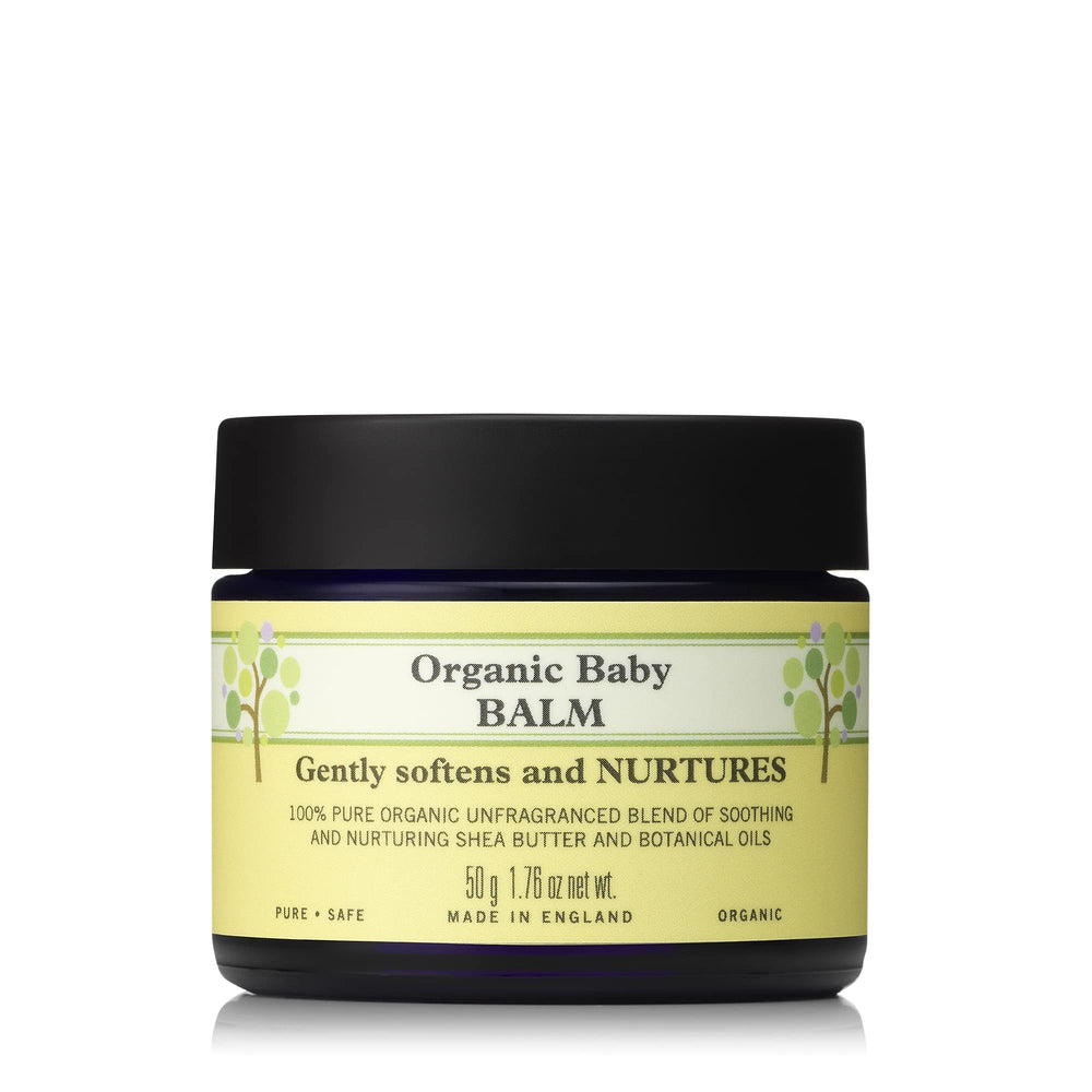 Neal's Yard Remedies Baby Balm packaging close-up highlighting fragrance-free formula for sensitive skin