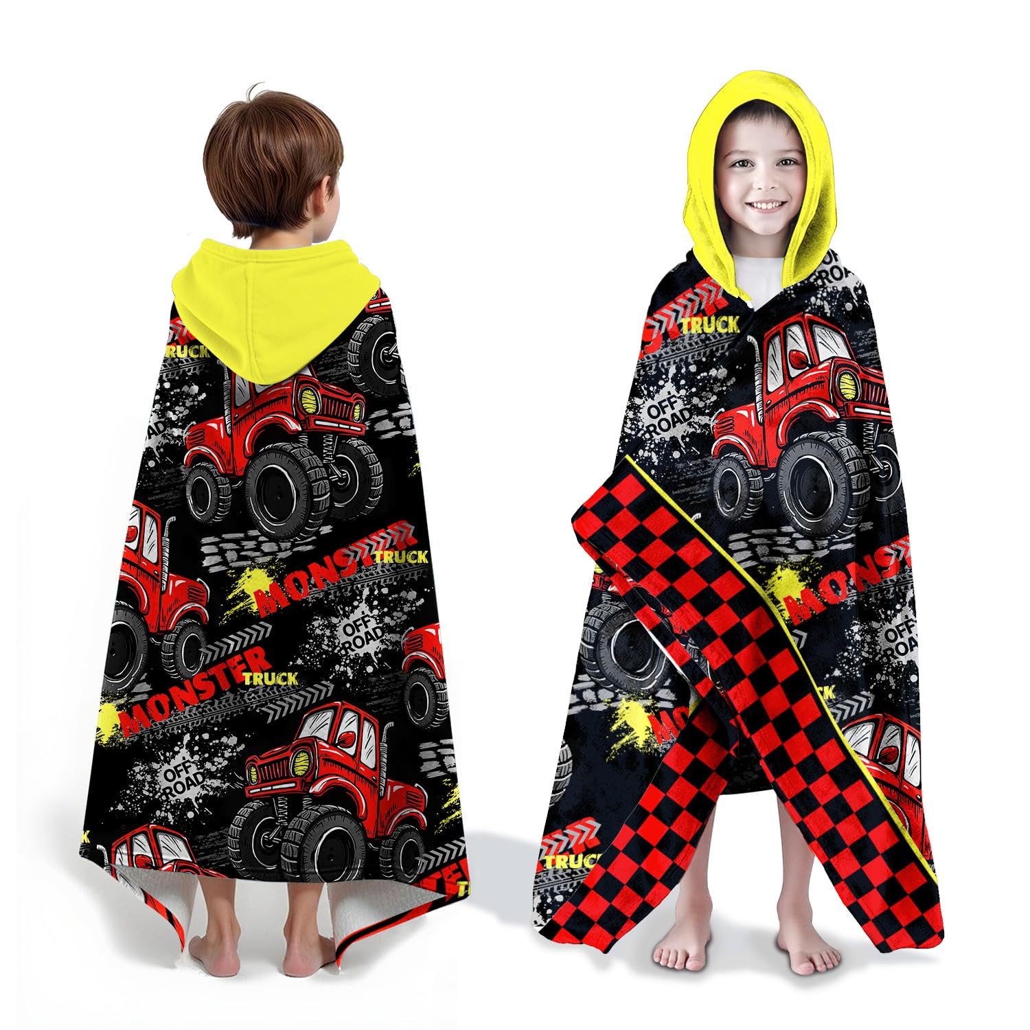 Neapth monster-truck hooded towel with bold truck design for beach play and quick drying