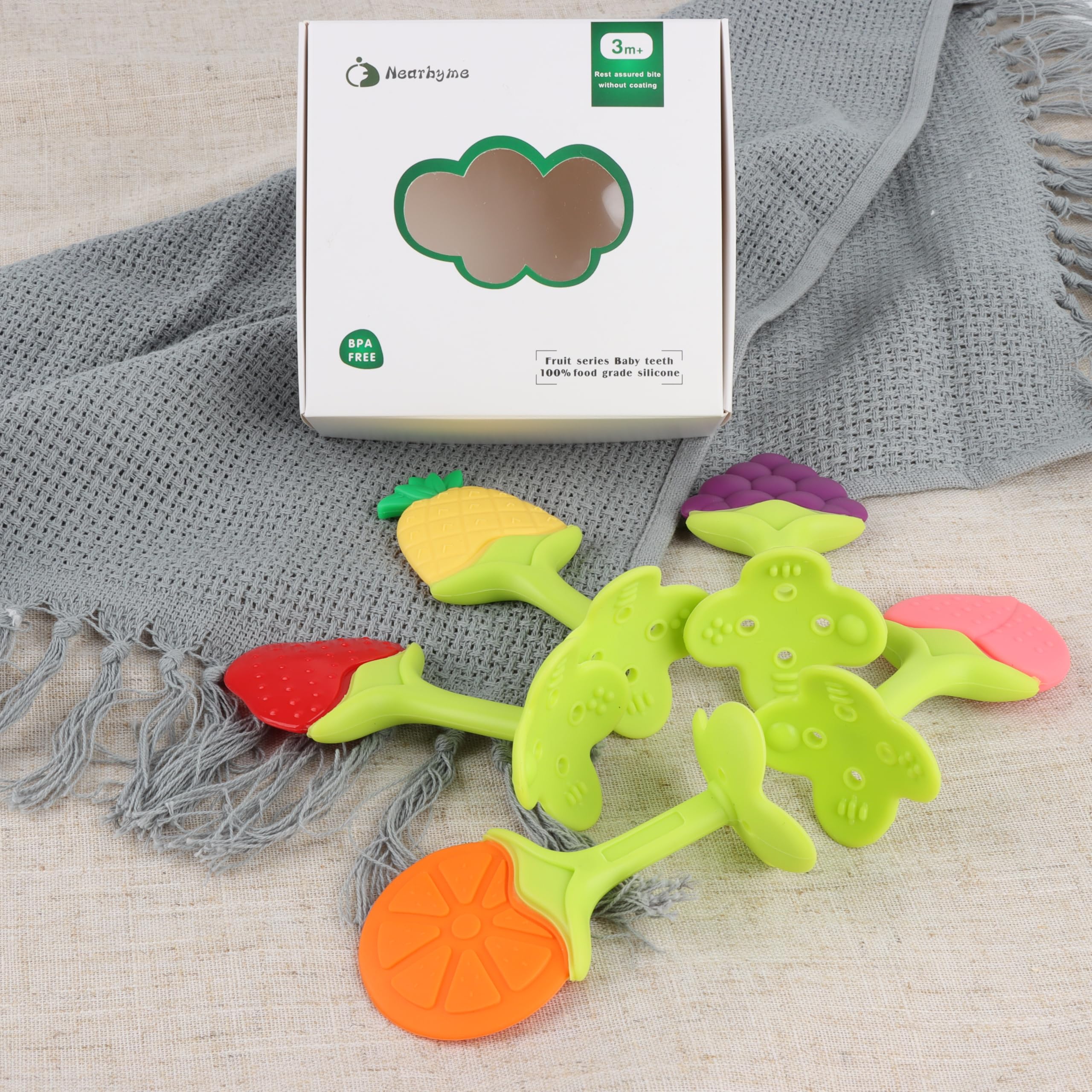 Nearbyme baby teether freezer-safe symbol suggests versatile cooling options.