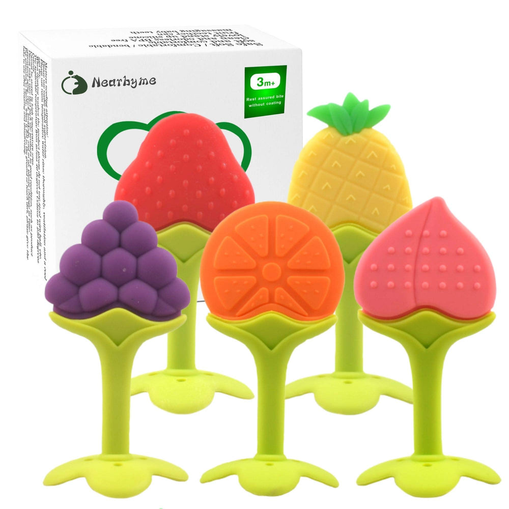 Nearbyme baby teether peach with clip for safe chewing and easy grip.