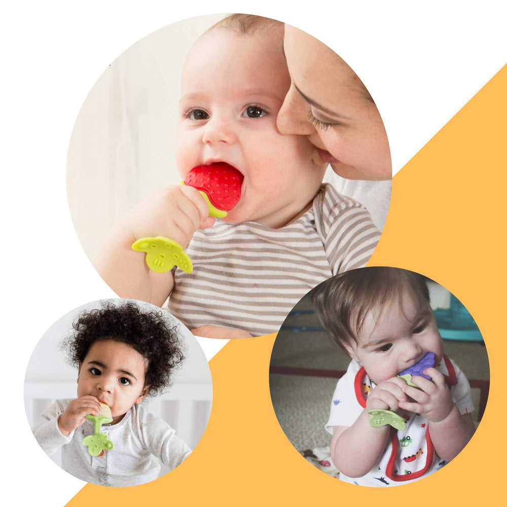 Nearbyme teether pacifier-clip closeup shows a secure clip for mess-free play.