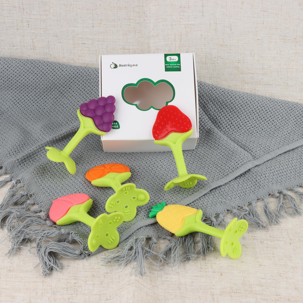 Nearbyme baby teether packaging view shows a convenient 5-pack of fruit designs.