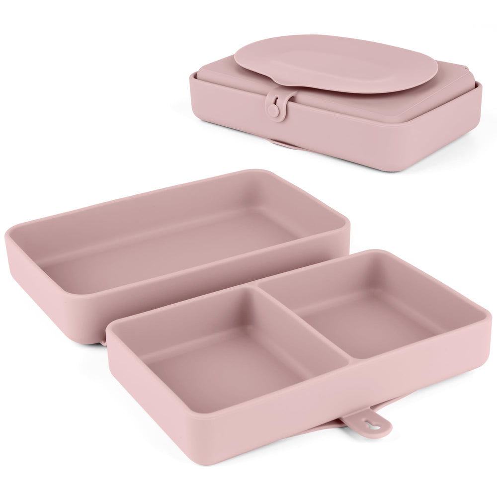 Nearbyme silicone baby plate folded in blush for travel meals.