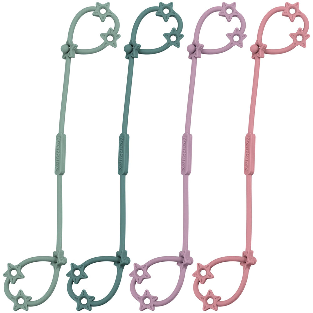 Nearbyme toy straps 4-pack attached to a stroller clip for secure on-the-go toy access.