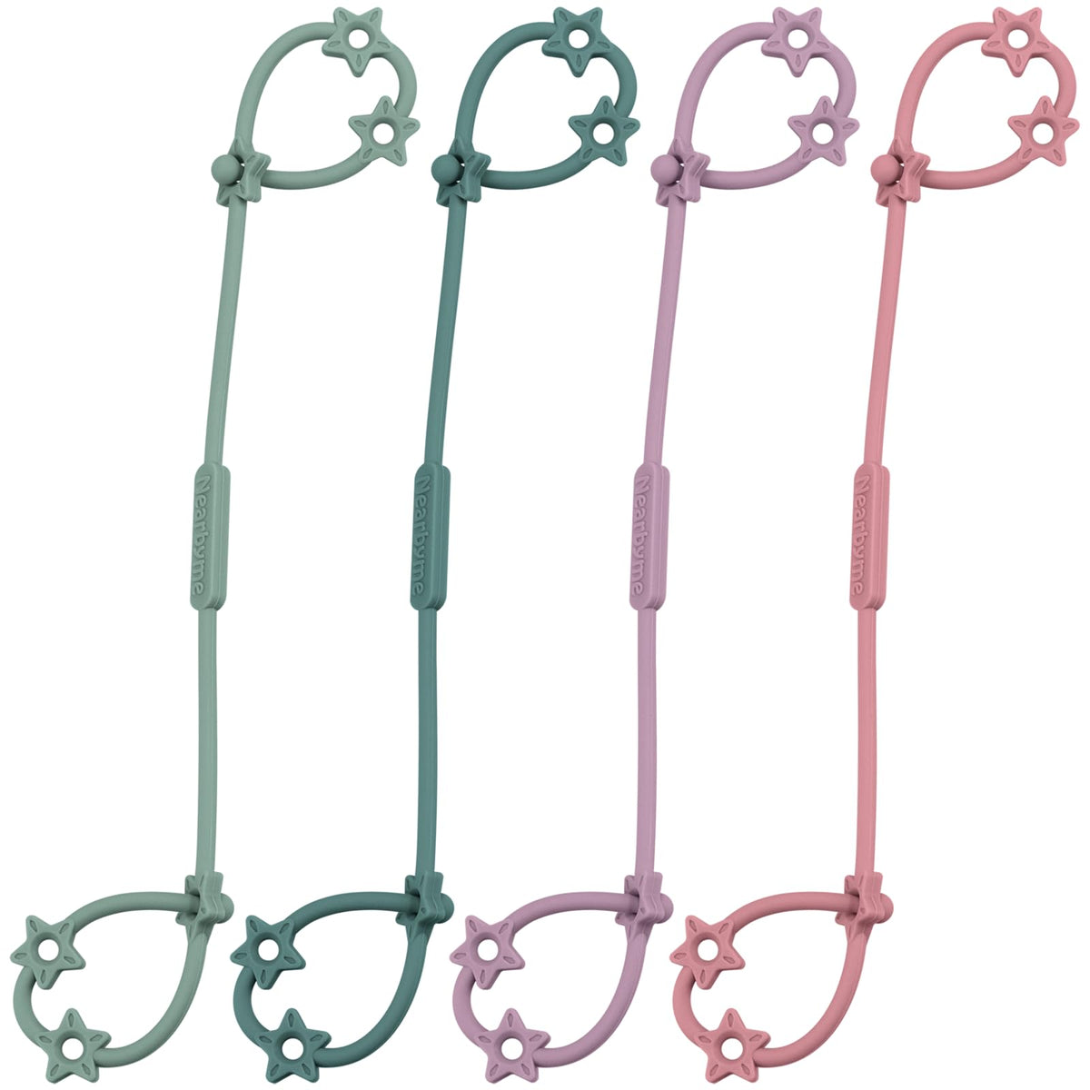 Nearbyme toy straps 4-pack attached to a stroller clip for secure on-the-go toy access.