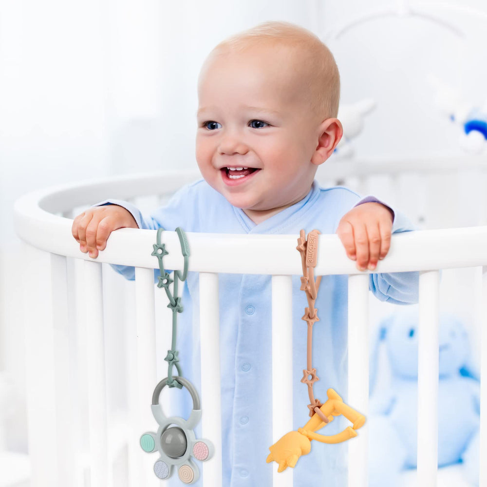 Nearbyme toy straps in action on a car seat and high chair.