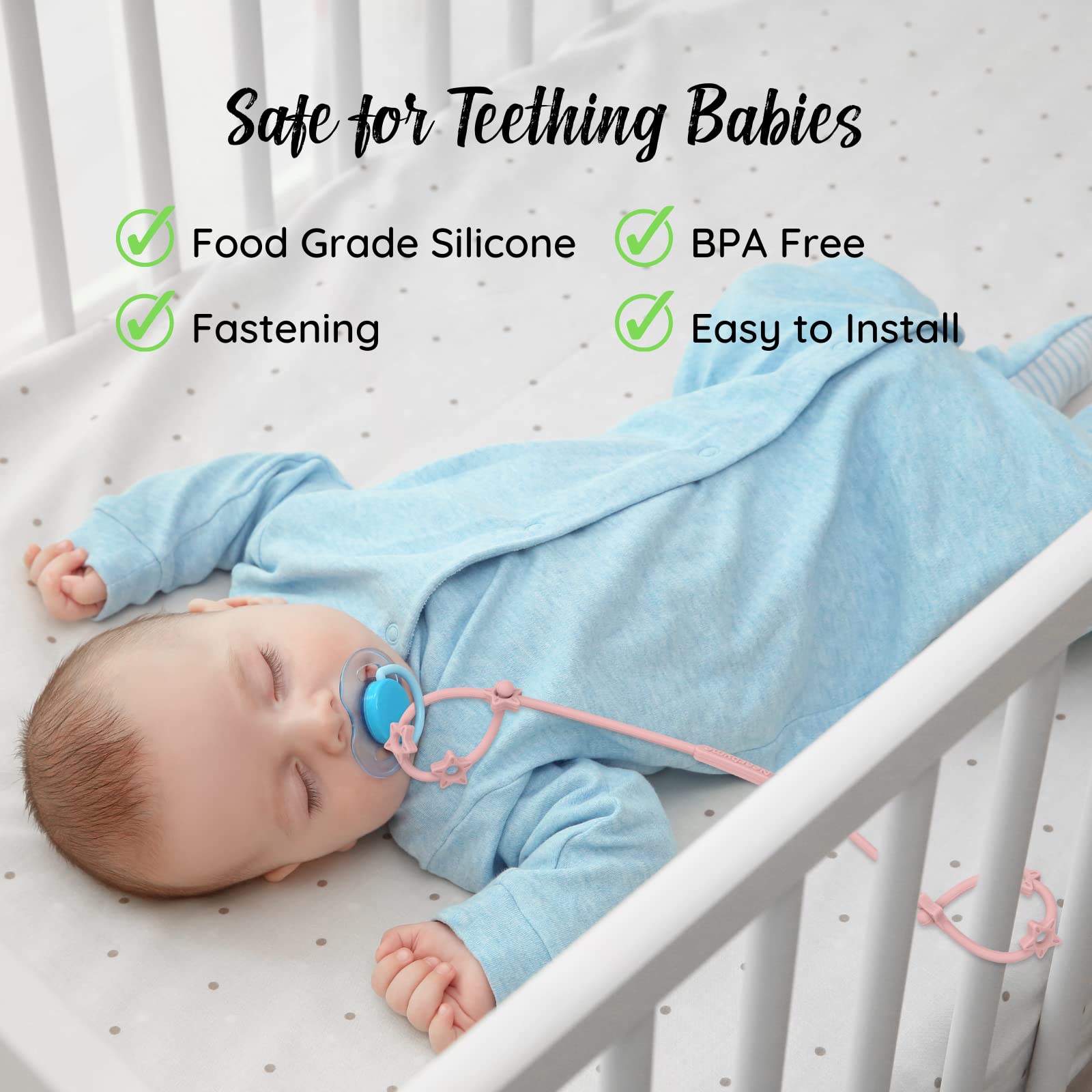 Nearbyme toy straps pacifier leash in use, keeping pacifier within reach.