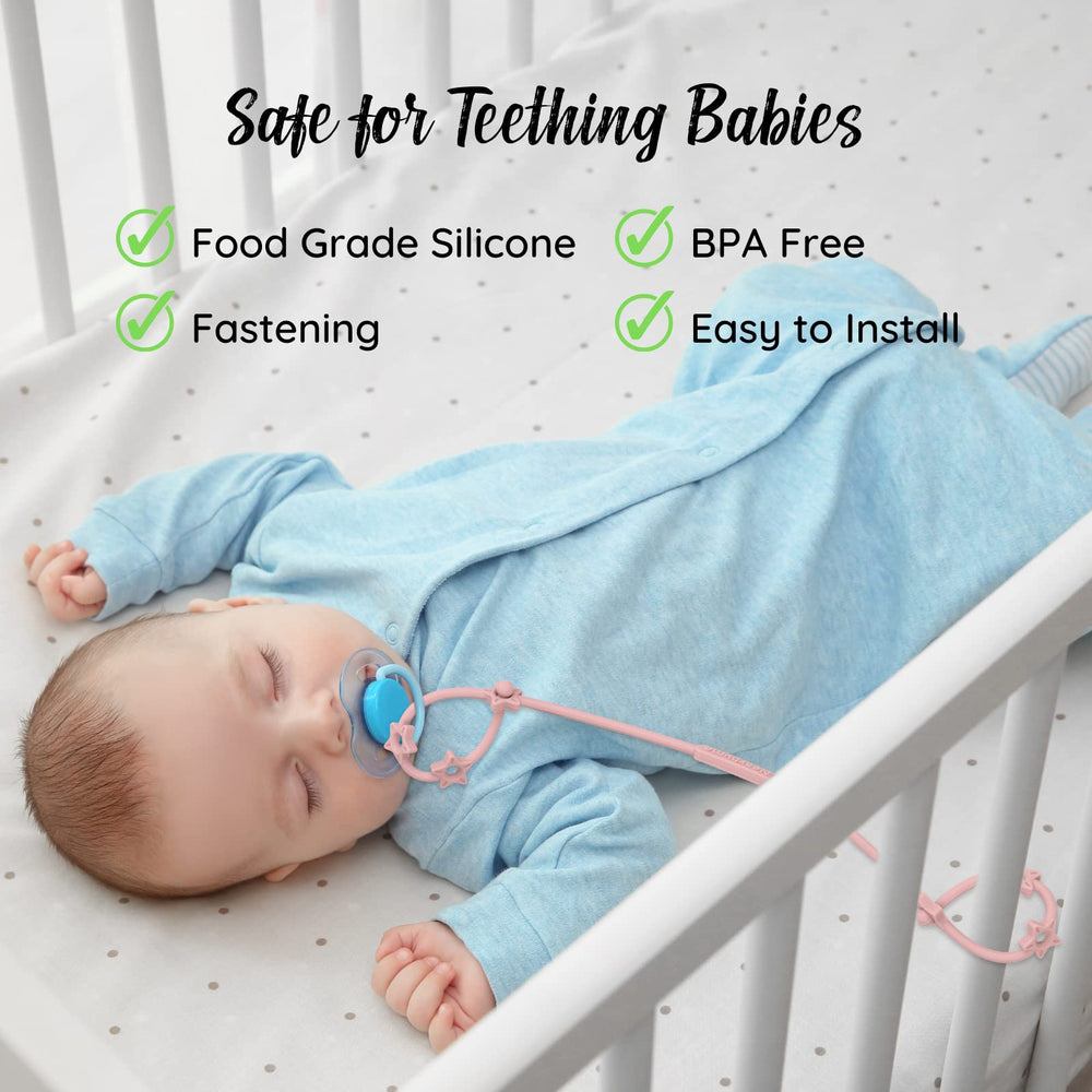 Nearbyme toy straps pacifier leash in use, keeping pacifier within reach.