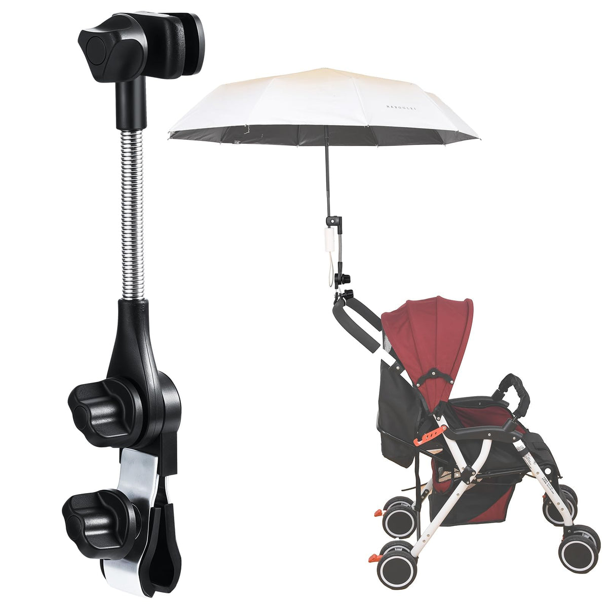 Nediea umbrella holder on stroller clip with angle adjustable shade coverage.