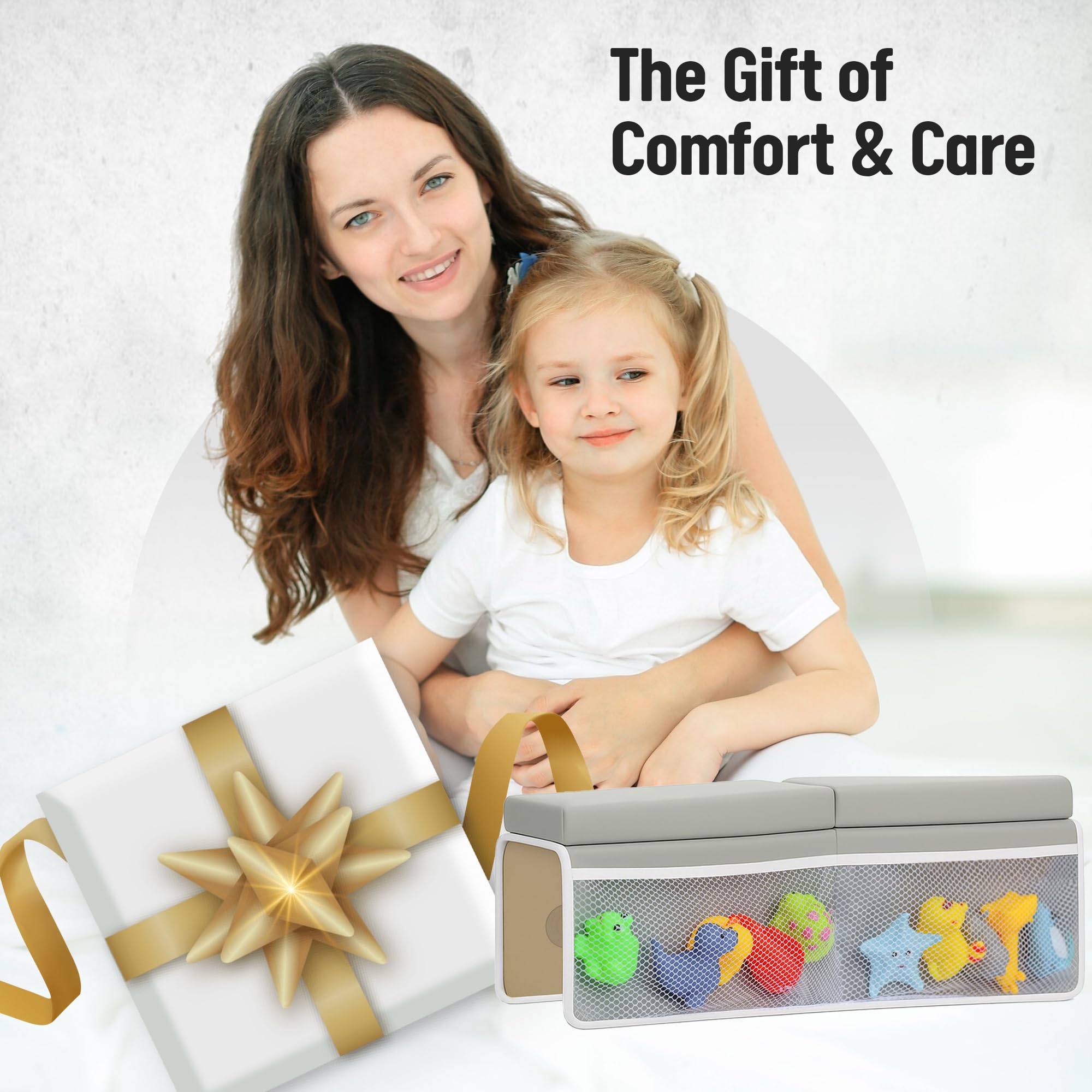 Neekomfort bath kneeler set provides organized, comfortable bath time for parents.