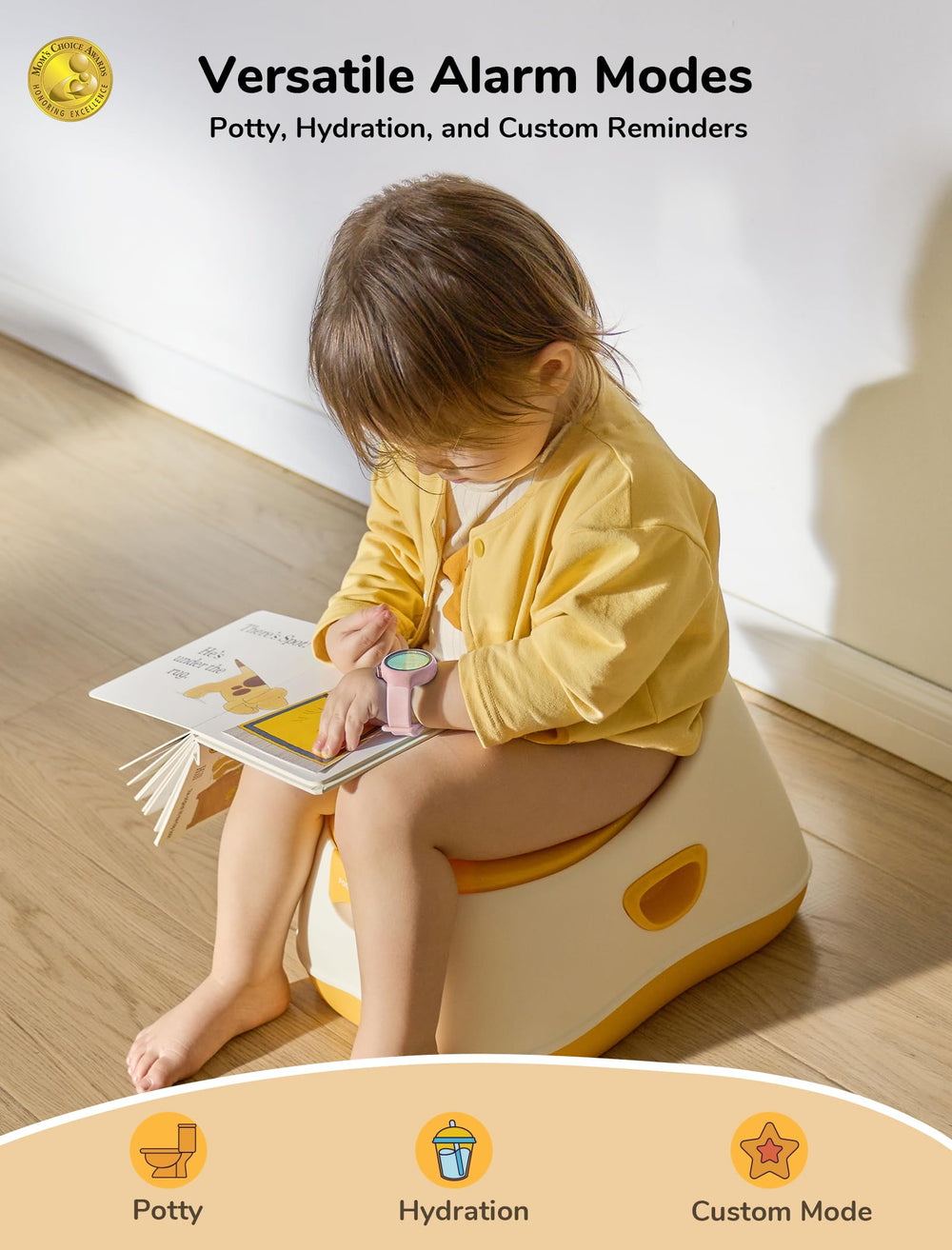 NehNeh Baby pink alarm mode image emphasizes toilet reminders and gentle alerts.