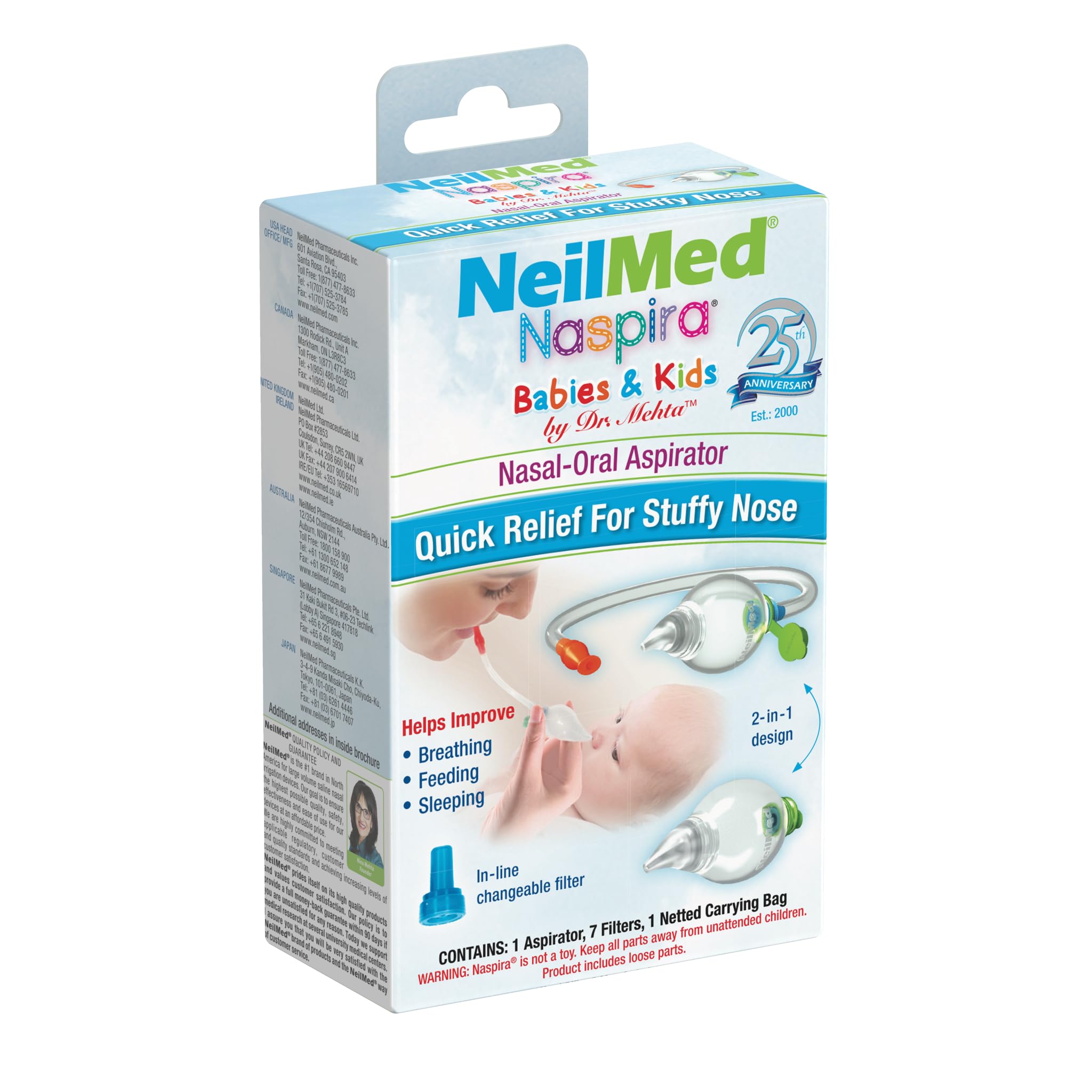 NeilMed Naspira nasal-oral aspirator assembly shows 2-in-1 versatility for safer mucus removal.