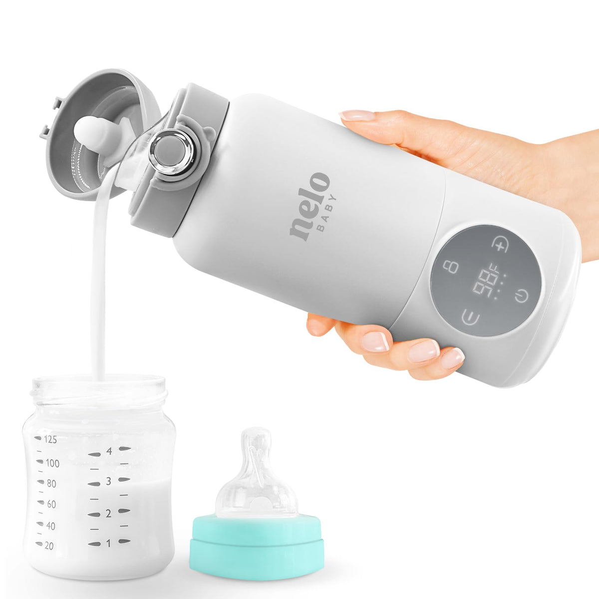 NELO portable milk warmer's compact travel design ideal for on-the-go feeding