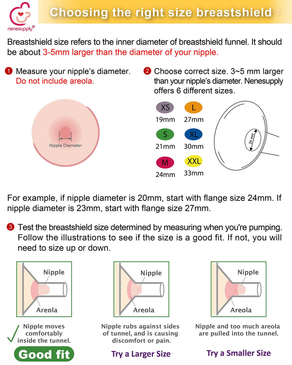 NENESUPPLY breastshield sizes chart showcasing six available options.