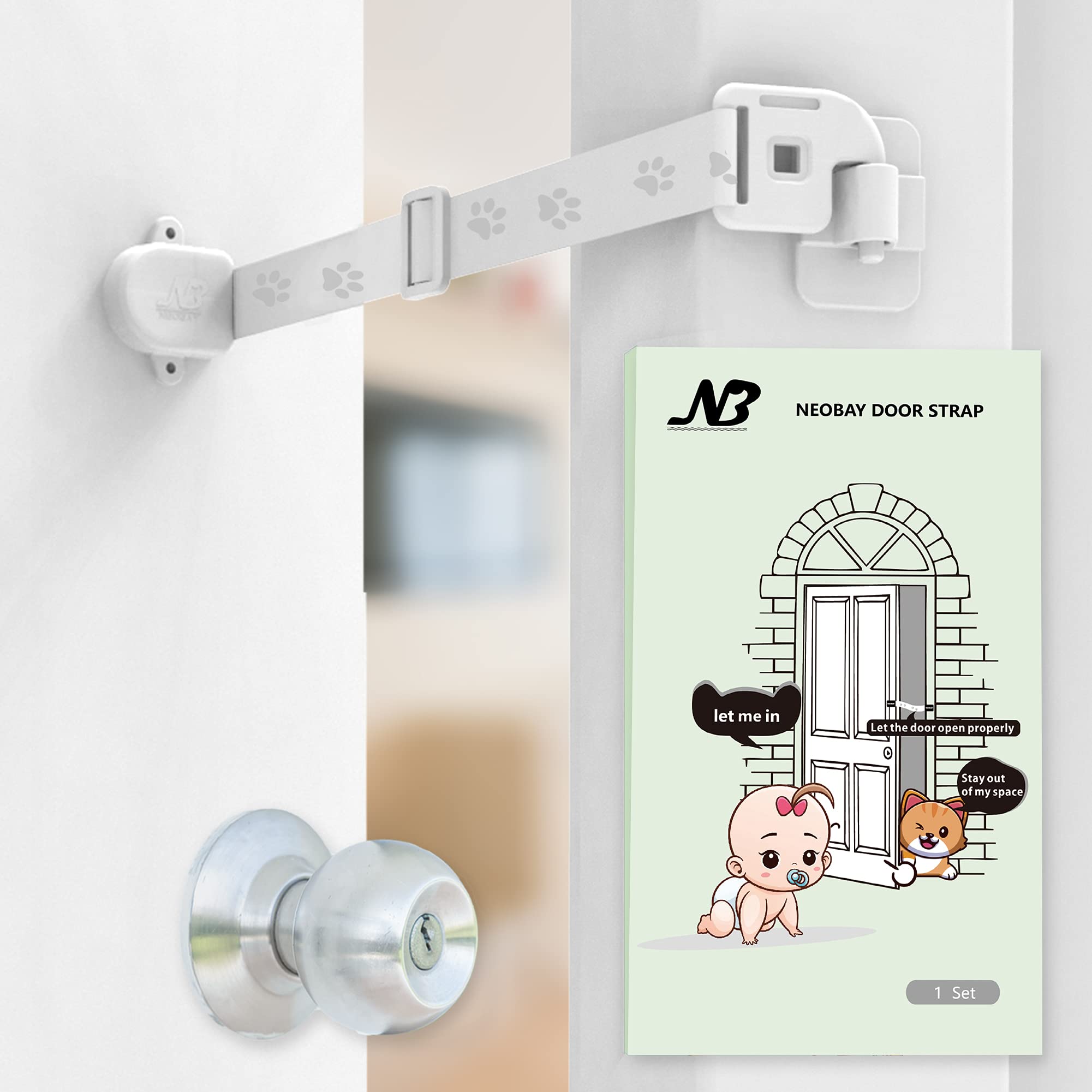 Neobay child-proof door lock strap latch enables safe cat access while keeping kids out.