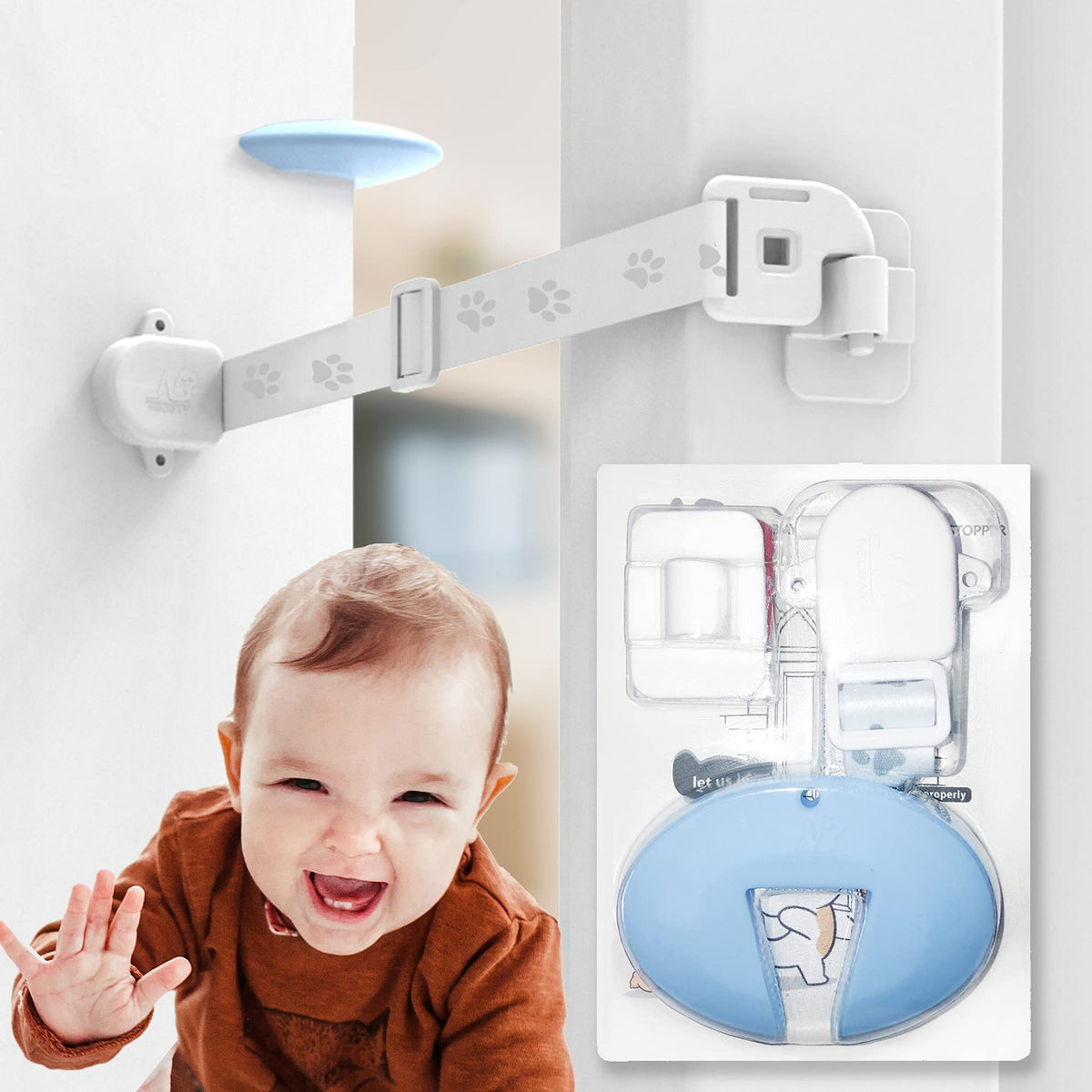Neobay child-proof door strap closeup with adjustable safety strap for toddler protection