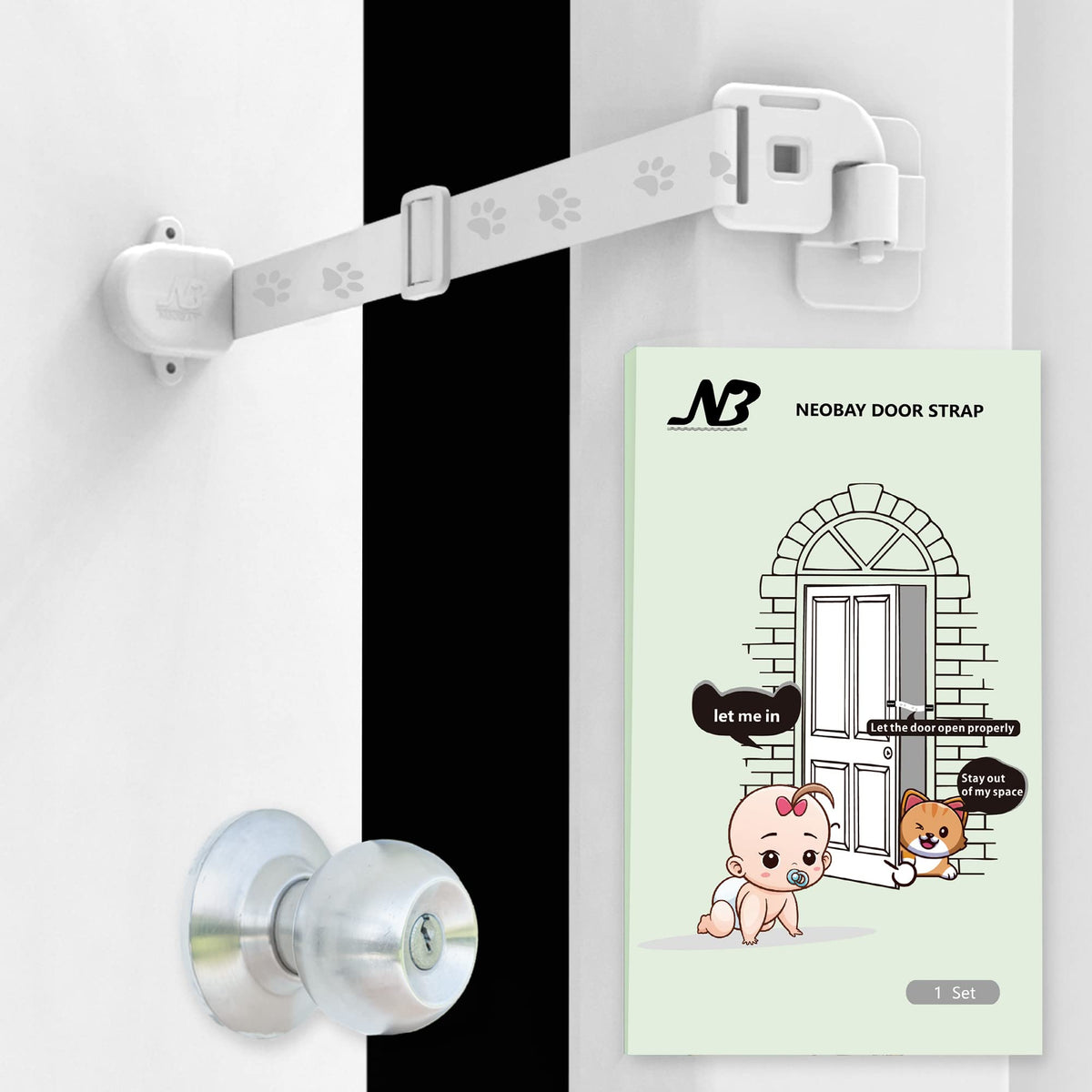 Neobay magnetic child-proof door lock package ready for installation.