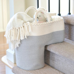 NEObirdie stair basket with cotton rope in fog grey boosts stair storage and calm décor.