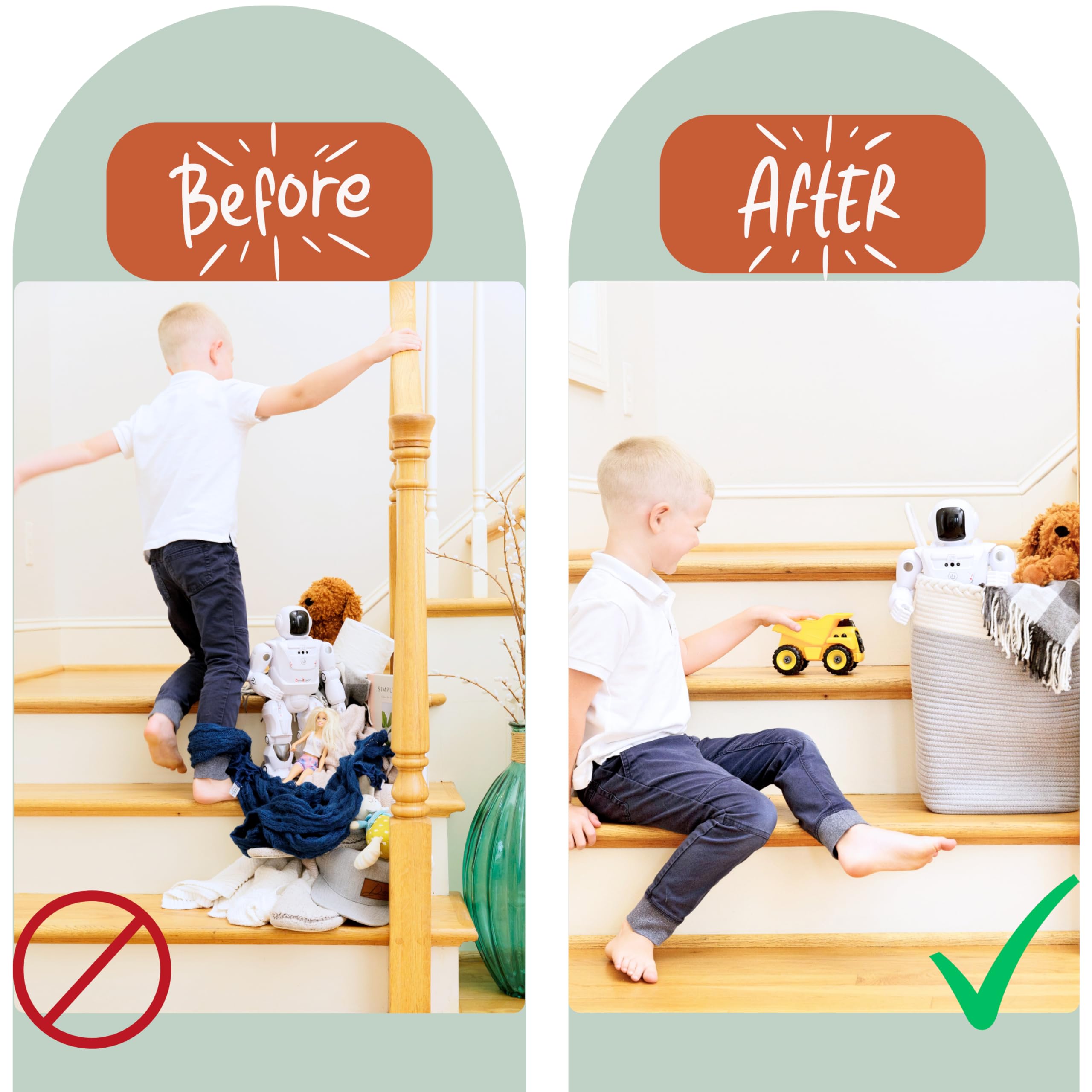 NEObirdie stair basket stores toys, blankets, or magazines for organized stairs.