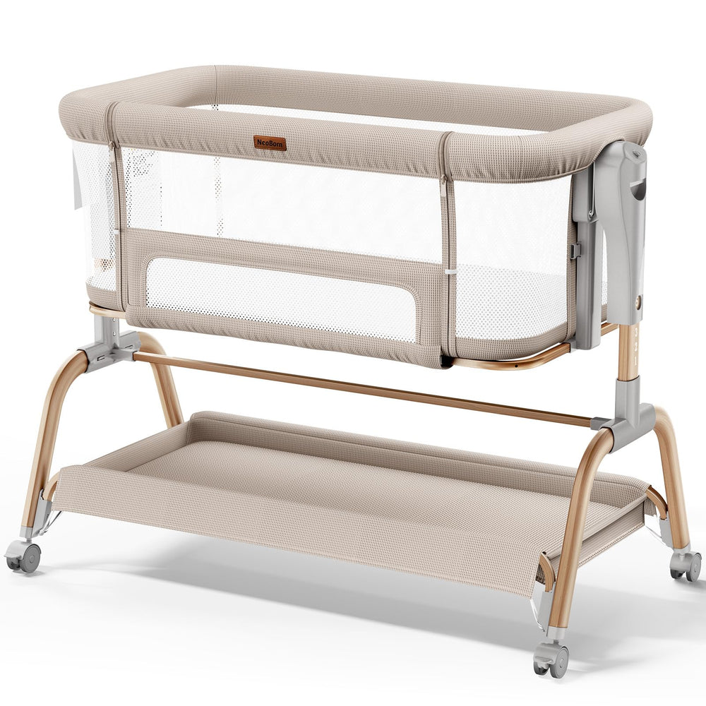 NeoBorn 3in1 baby bassinet bedside shows compact setup for easy nighttime soothing.
