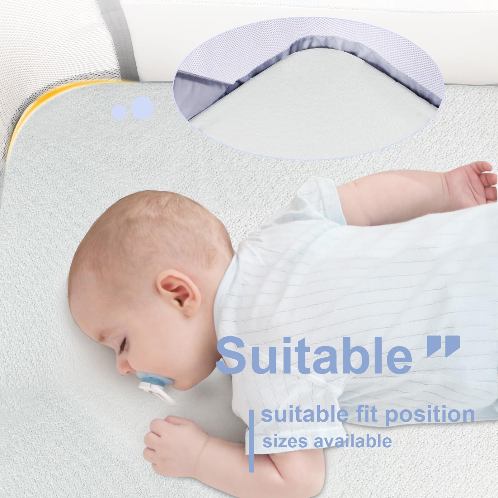 NeoBorn bassinet mattress pad dual-side-firmness showcases soft side and firmer support for growth.