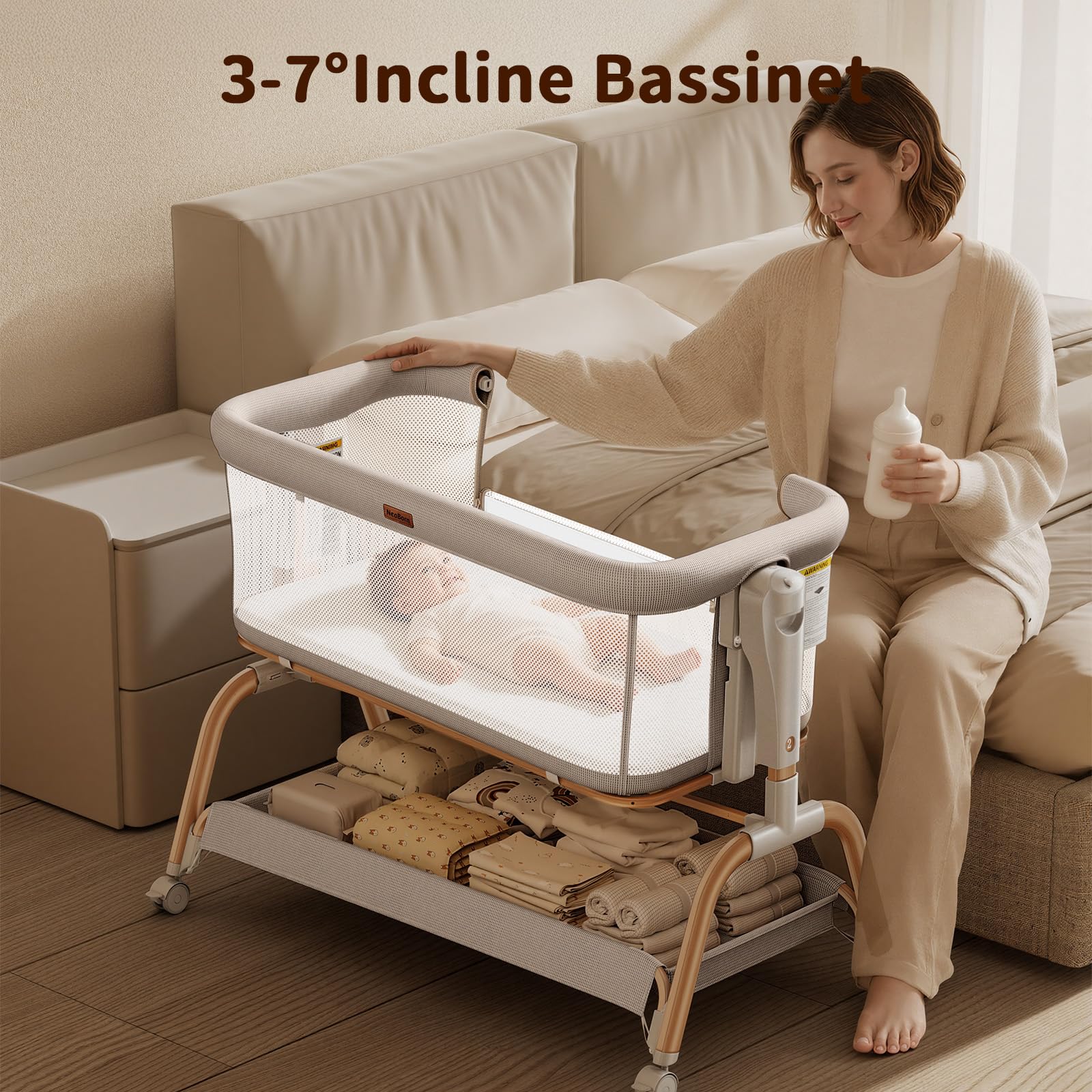 NeoBorn bottom storage compartment keeps essentials within reach during changes.