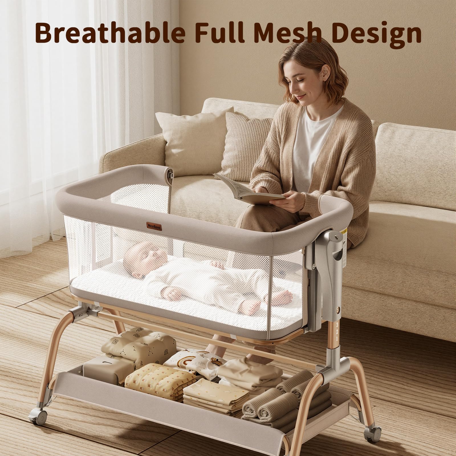 NeoBorn height-adjustable bedside bassinet adapts to bed height for night feeds.