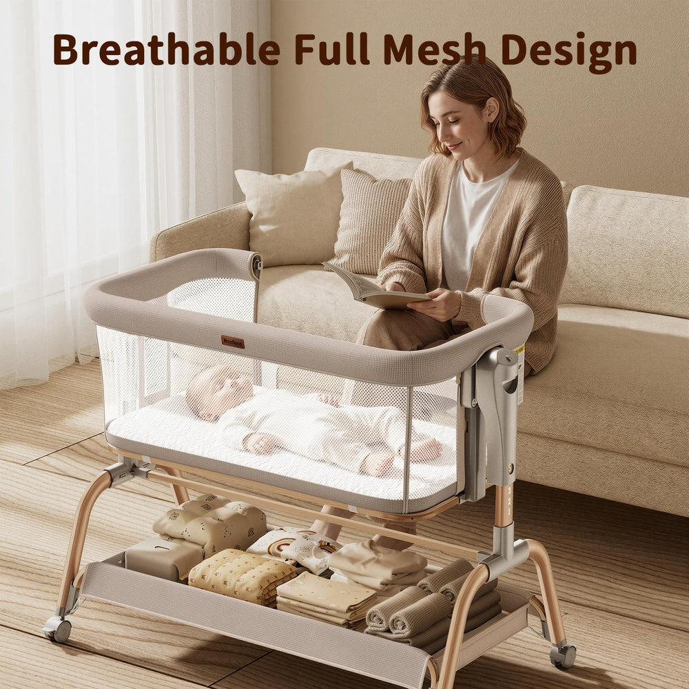 NeoBorn height-adjustable bedside bassinet adapts to bed height for night feeds.