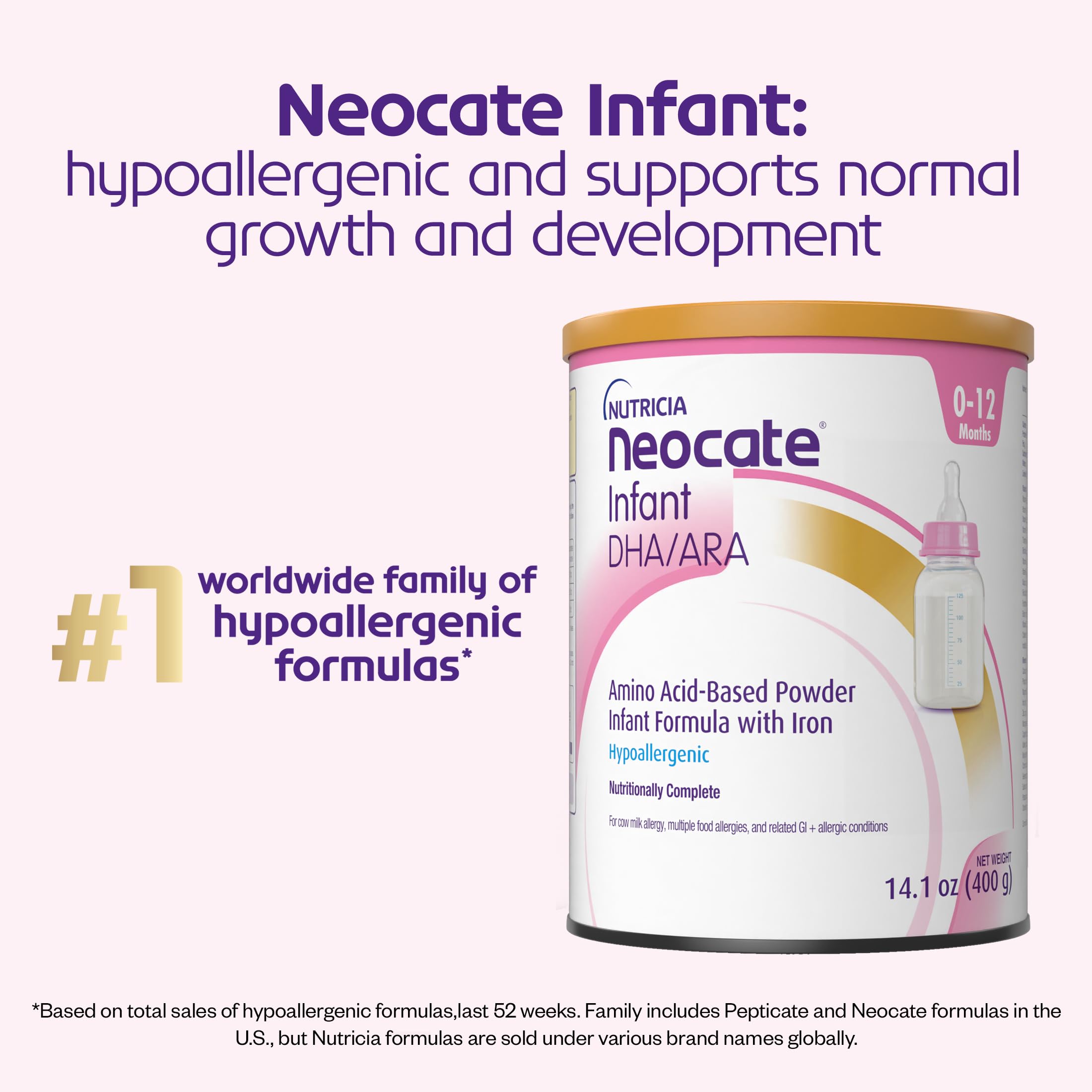 Neocate Infant can label highlights DHA/ARA nutrition details supporting brain development.