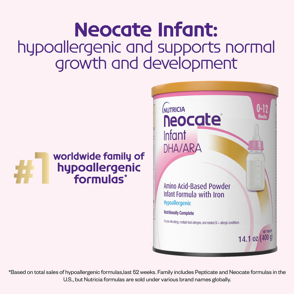 Neocate Infant can label highlights DHA/ARA nutrition details supporting brain development.