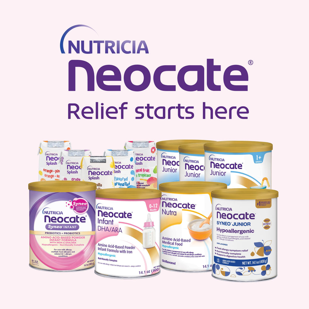 Neocate Infant feeding session image suggests practical mealtime preparation.