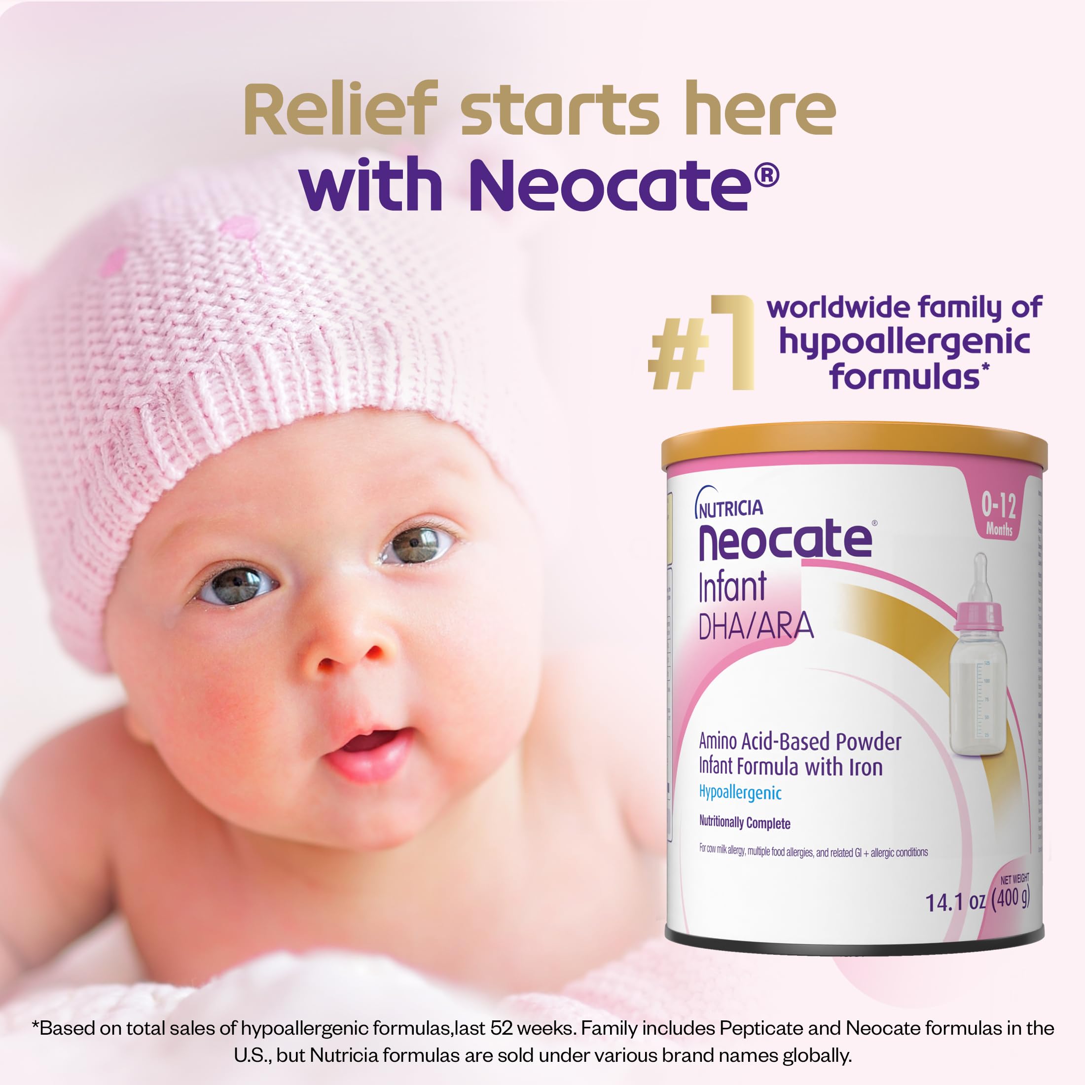 Neocate Infant logo closeup underscores trusted amino-acid-based formula brand.