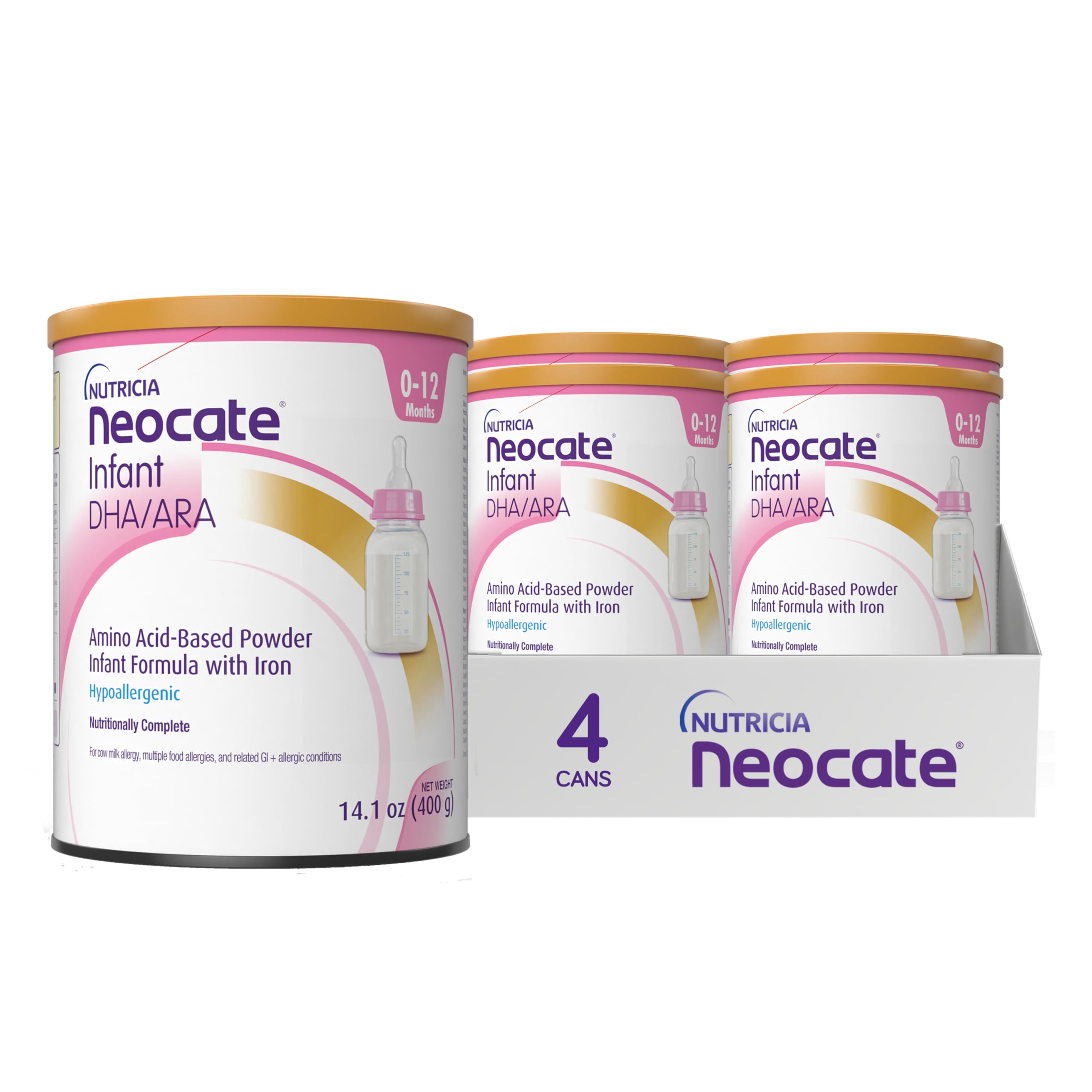Neocate Infant pack of 4 cans front view for reliable hypoallergenic nutrition.