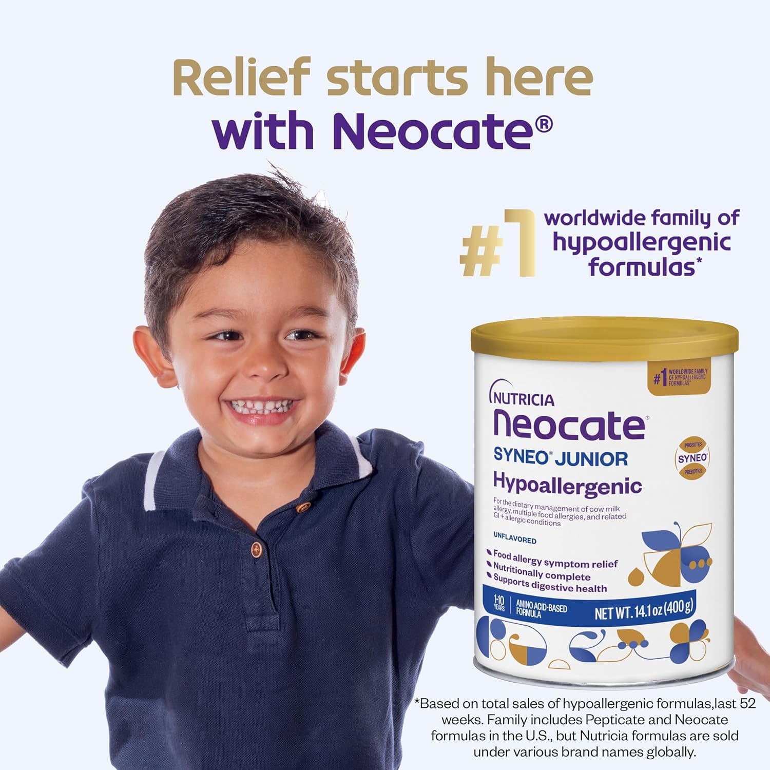 Neocate Junior dairy-free ingredient list illustrating allergen-free formula