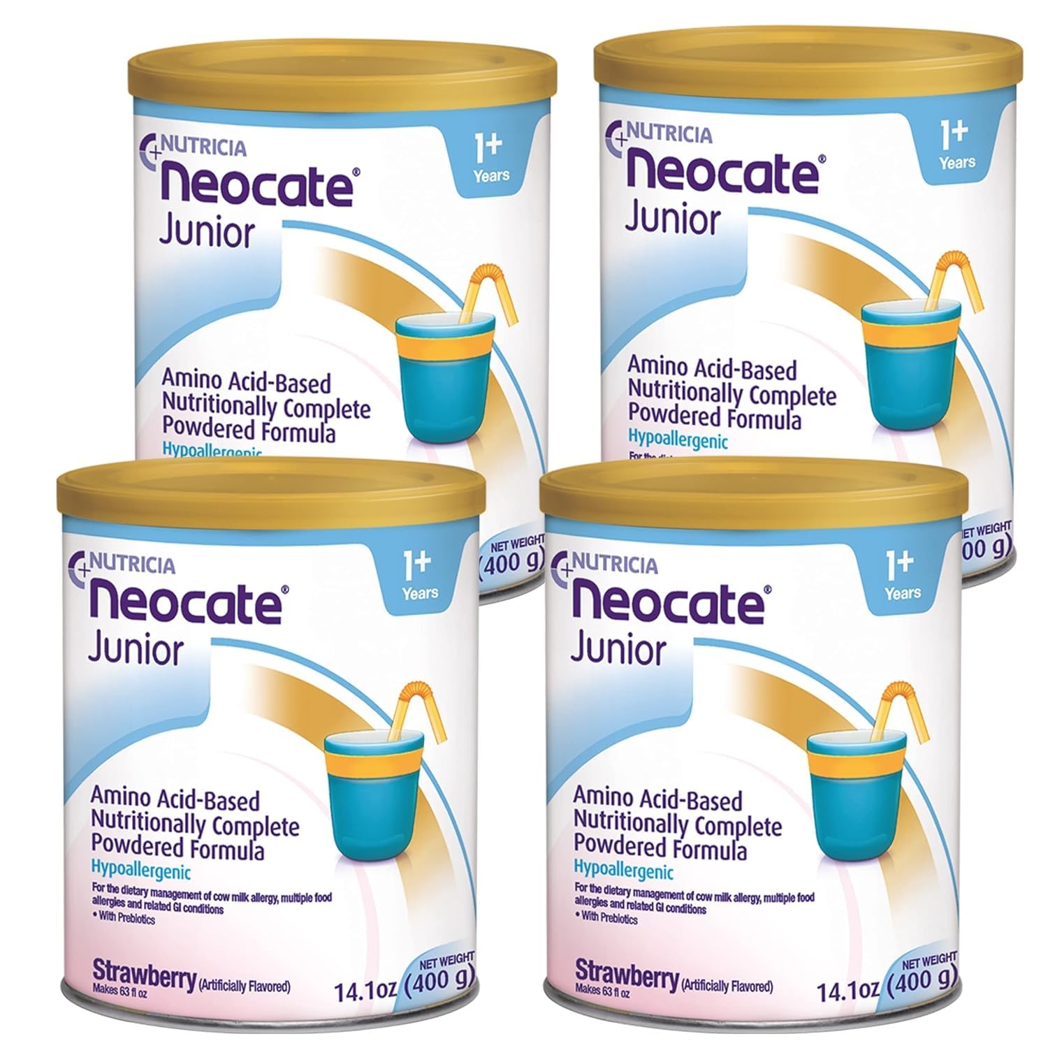 Neocate Junior strawberry powder can—dairy-free amino acid nutrition for growing children