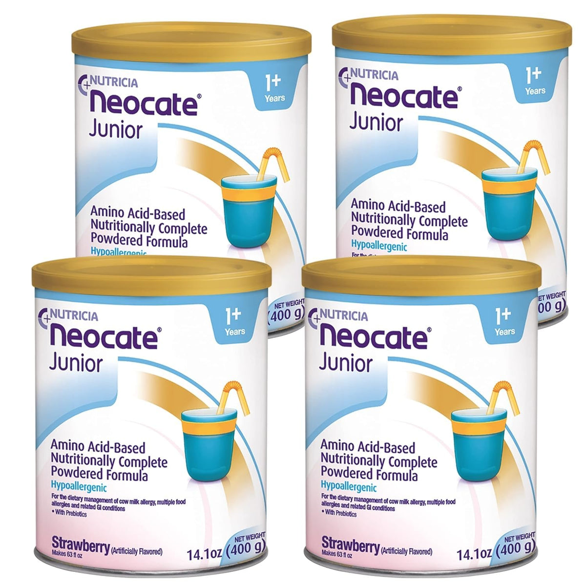 Neocate Junior strawberry powder can—dairy-free amino acid nutrition for growing children