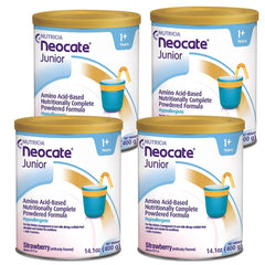 Neocate Junior strawberry powder can—dairy-free amino acid nutrition for growing children