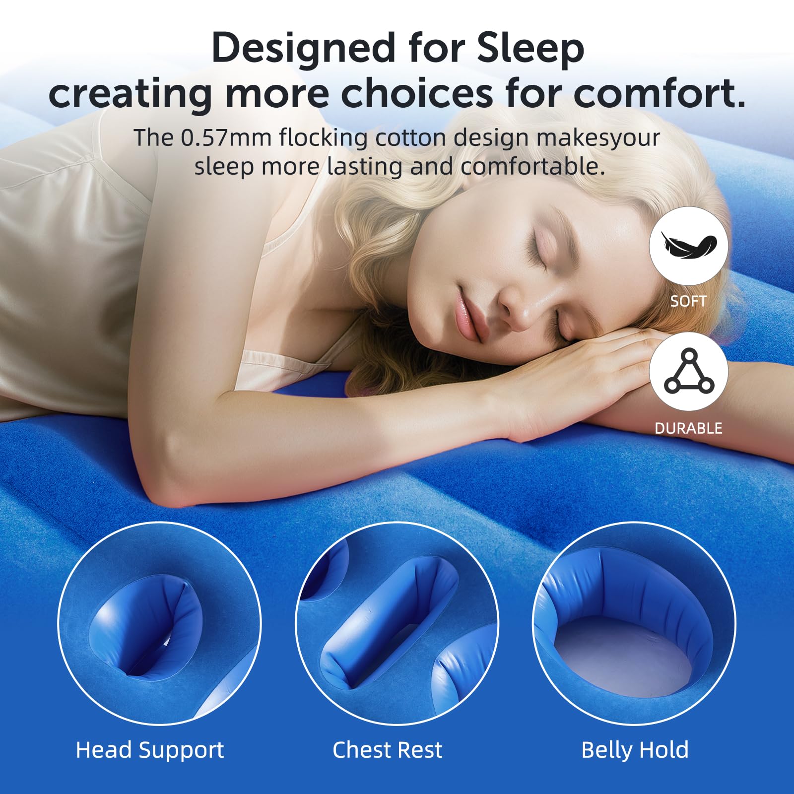 Neoflavie inflatable pillow prone-sleep-use enables tummy-friendly support while resting.