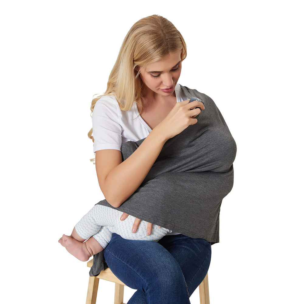 NeoTech Care blue folded nursing cover fits neatly in bag.