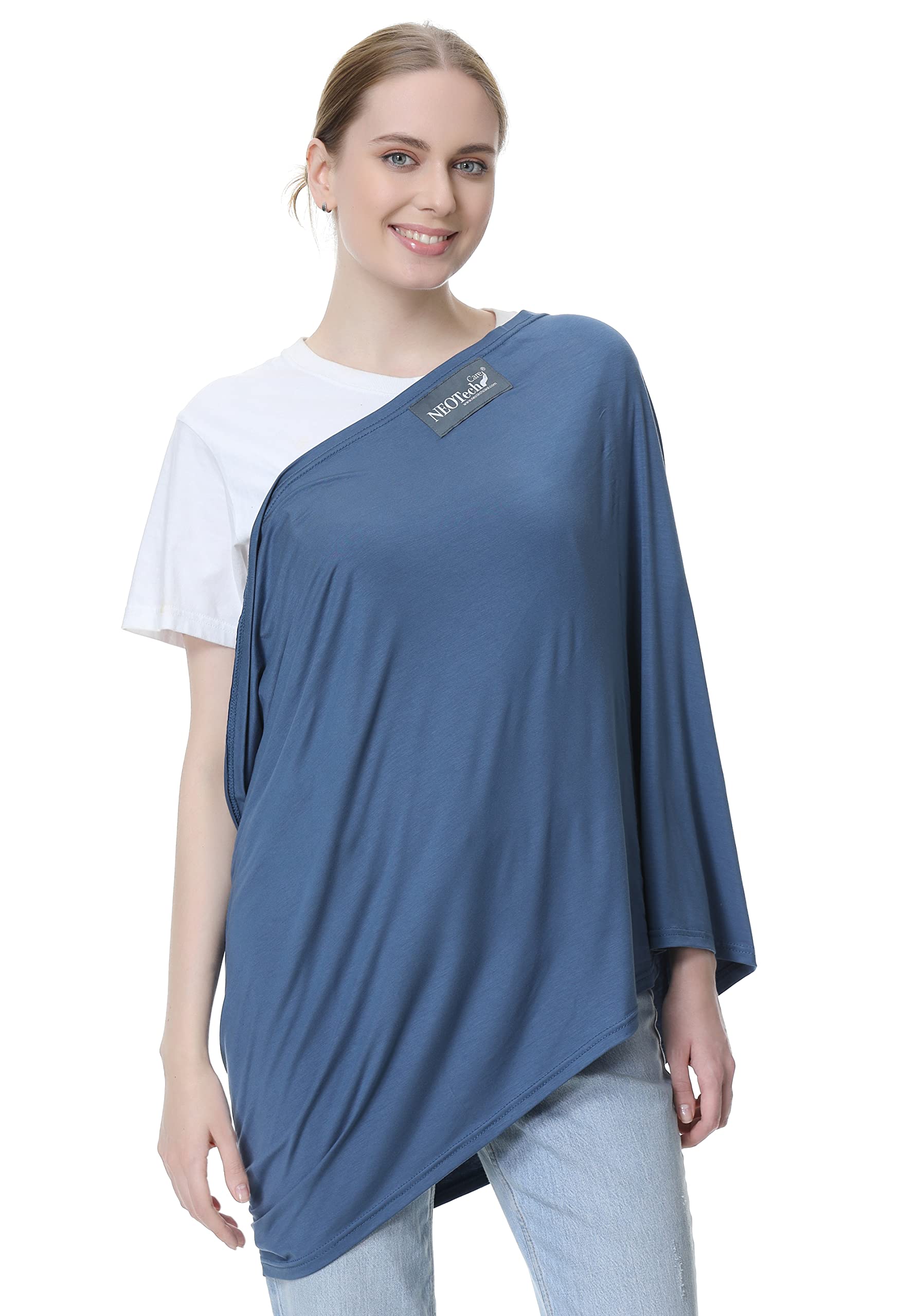 NeoTech Care blue nursing cover on stroller for outdoor feeding privacy.