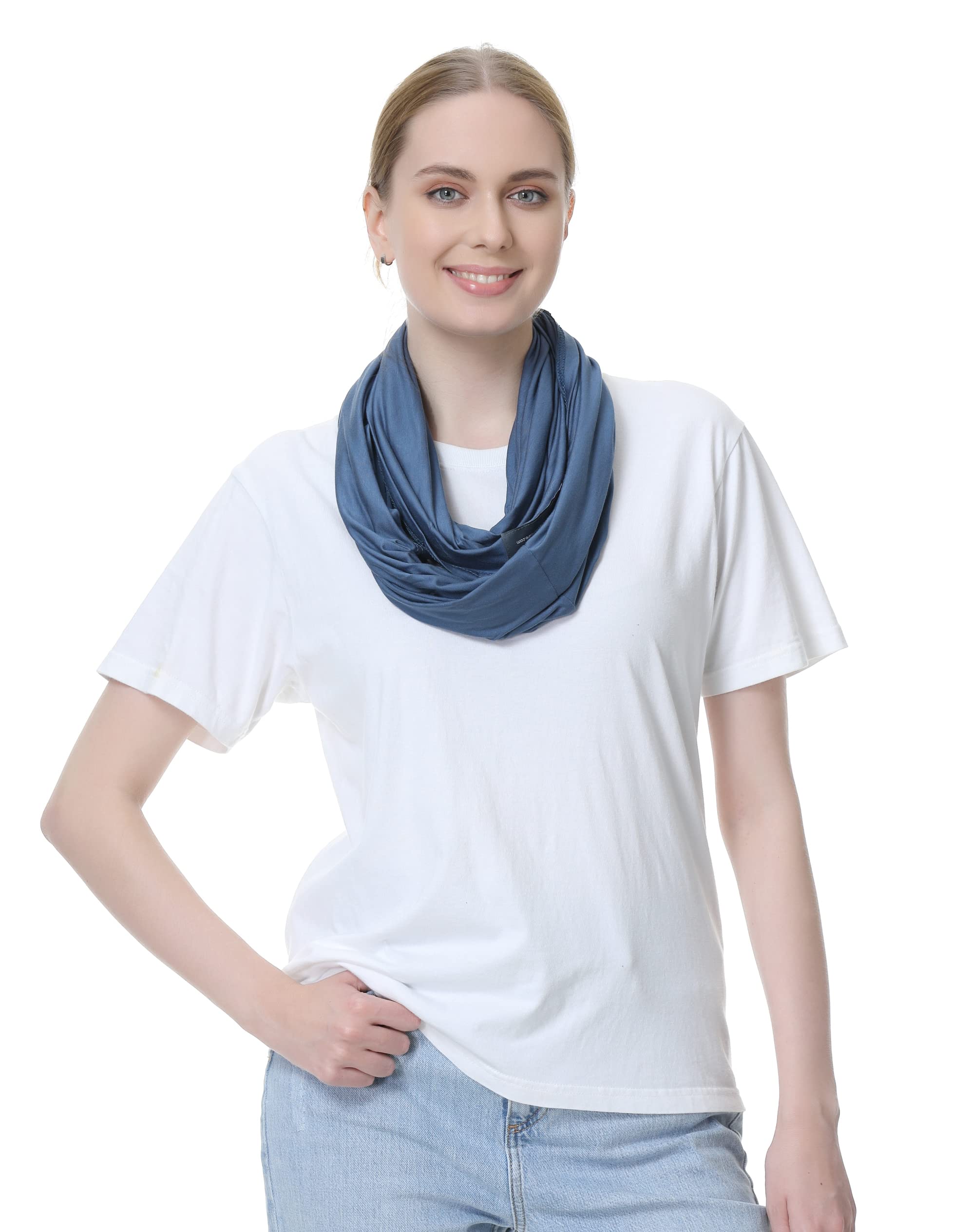 NeoTech Care blue nursing cover worn as scarf demonstrates versatile styling.