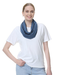 NeoTech Care blue nursing cover worn as scarf demonstrates versatile styling.
