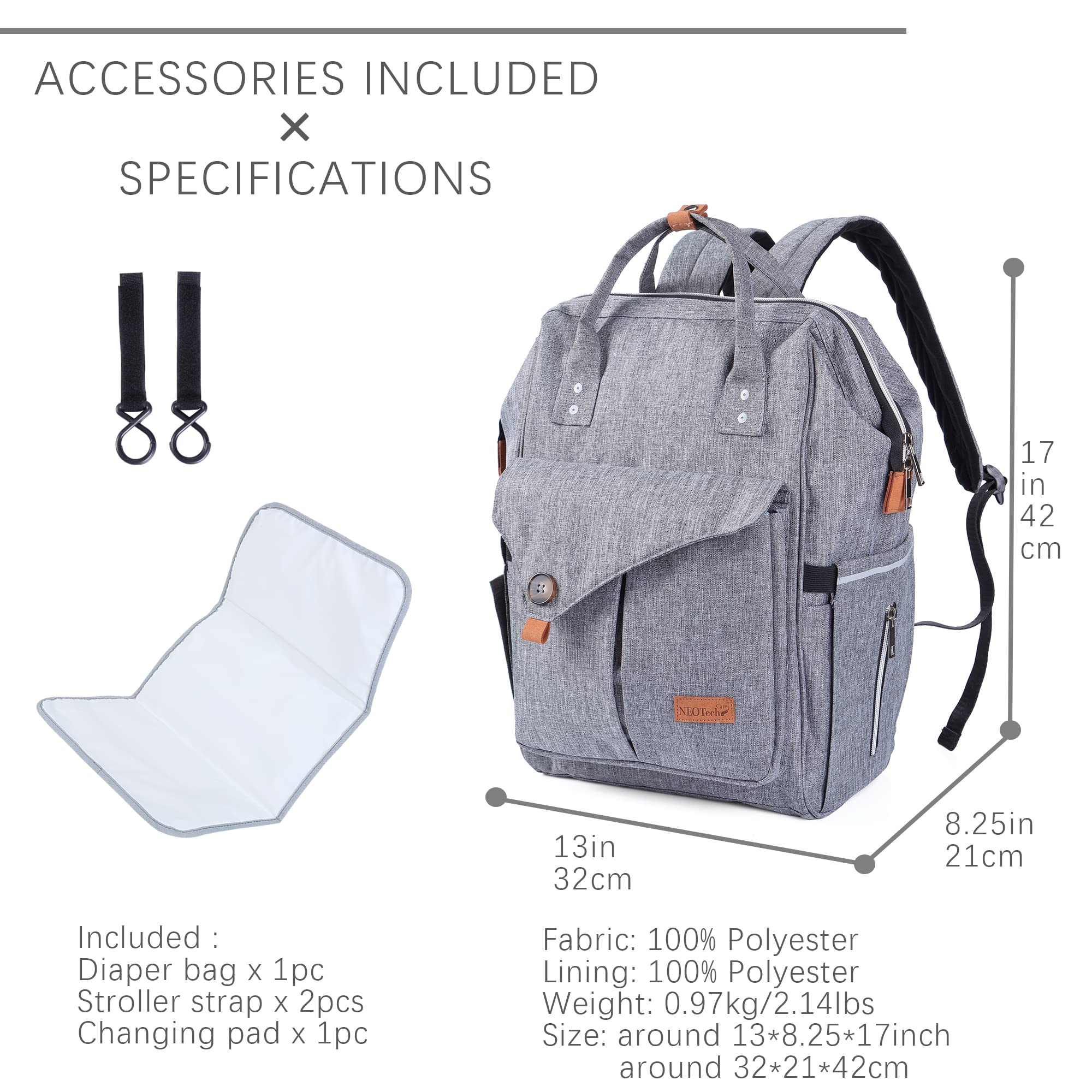 NeoTech Care diaper bag backpack gray main compartment organized for baby items