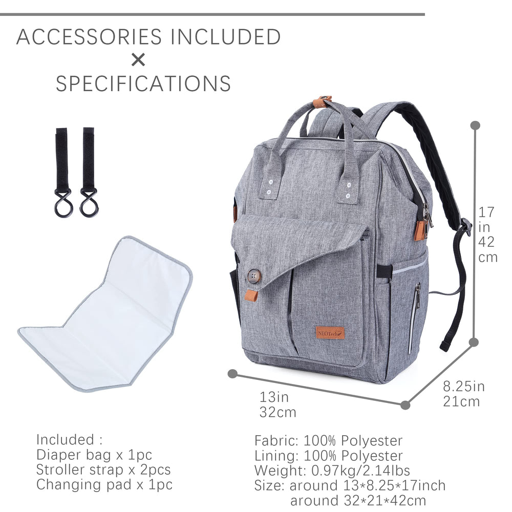 NeoTech Care diaper bag backpack gray main compartment organized for baby items